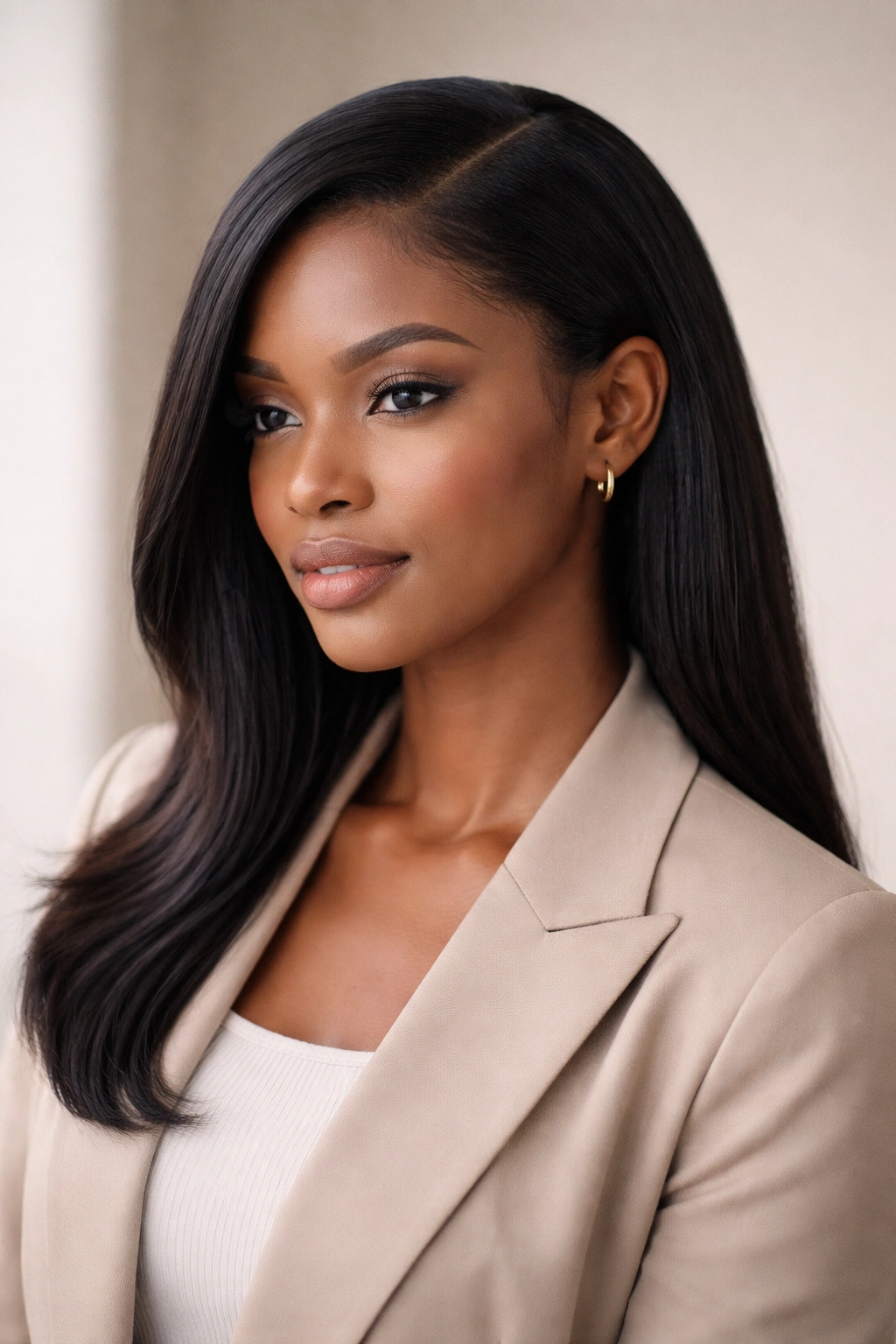 Deep side part with tucked hair behind the ear