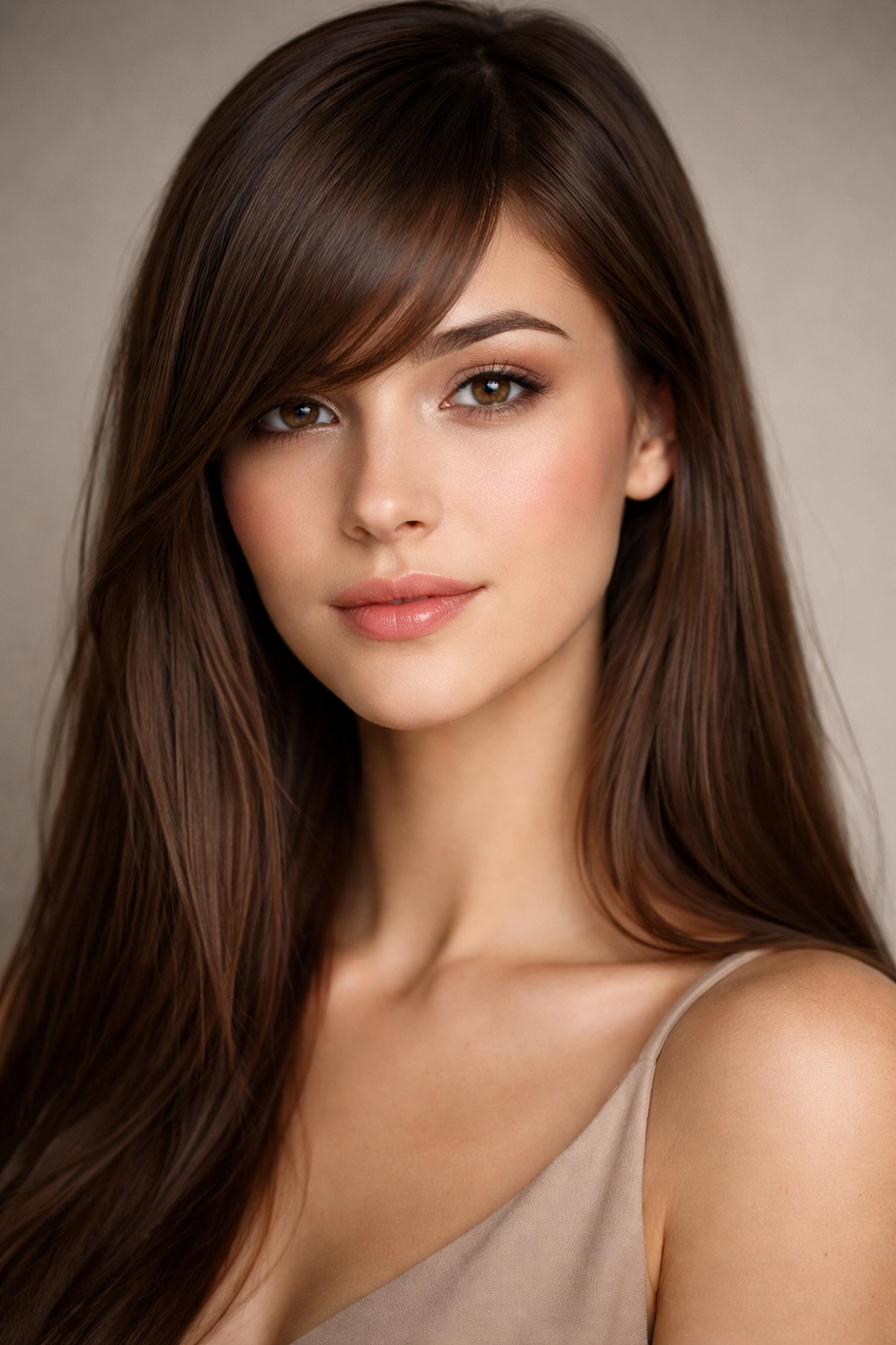 Close-up of classic side-swept bangs on straight hair framing the cheekbone