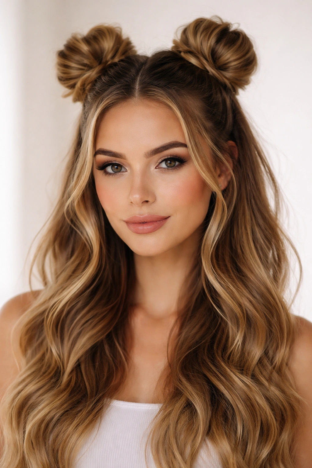 Close-up of classic half-up double space buns with loose waves