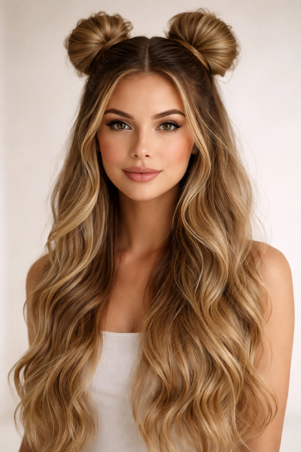 Close-up of classic twin space buns with long flowing hair