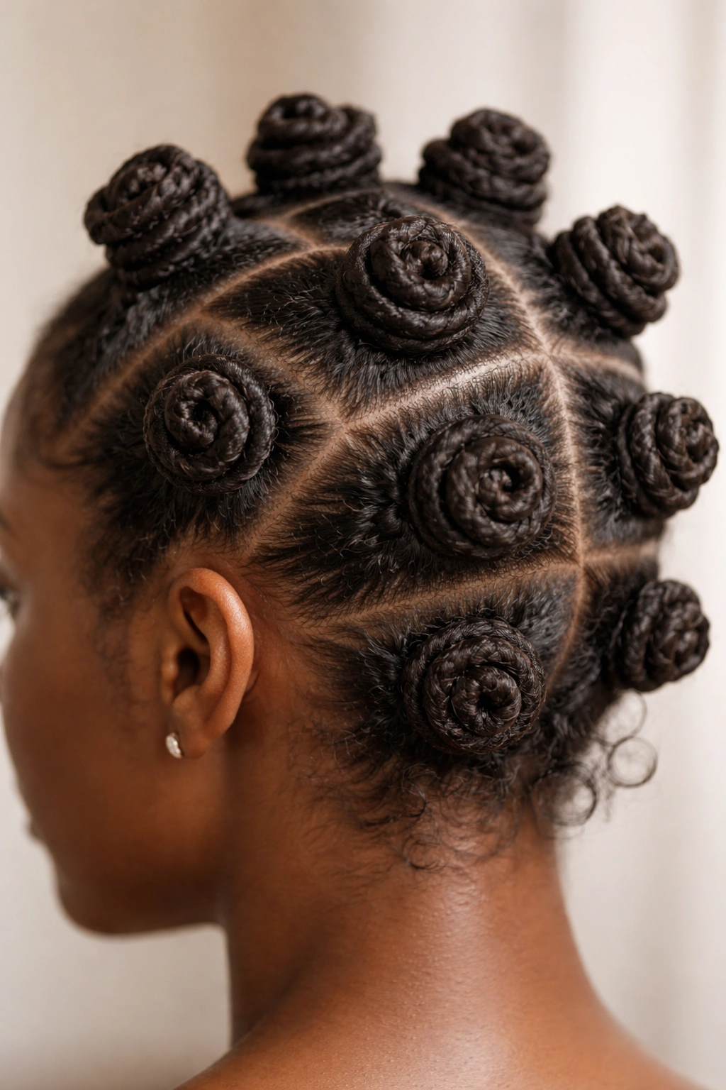 Close-up of classic spiral bantu knots on scalp