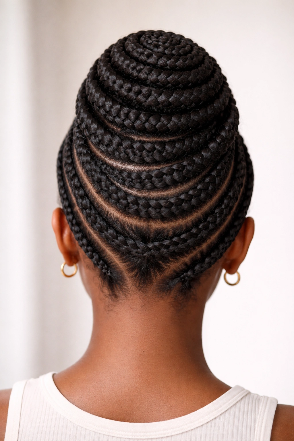 Classic Spiral Beehive cornrows forming a rounded crown on the head
