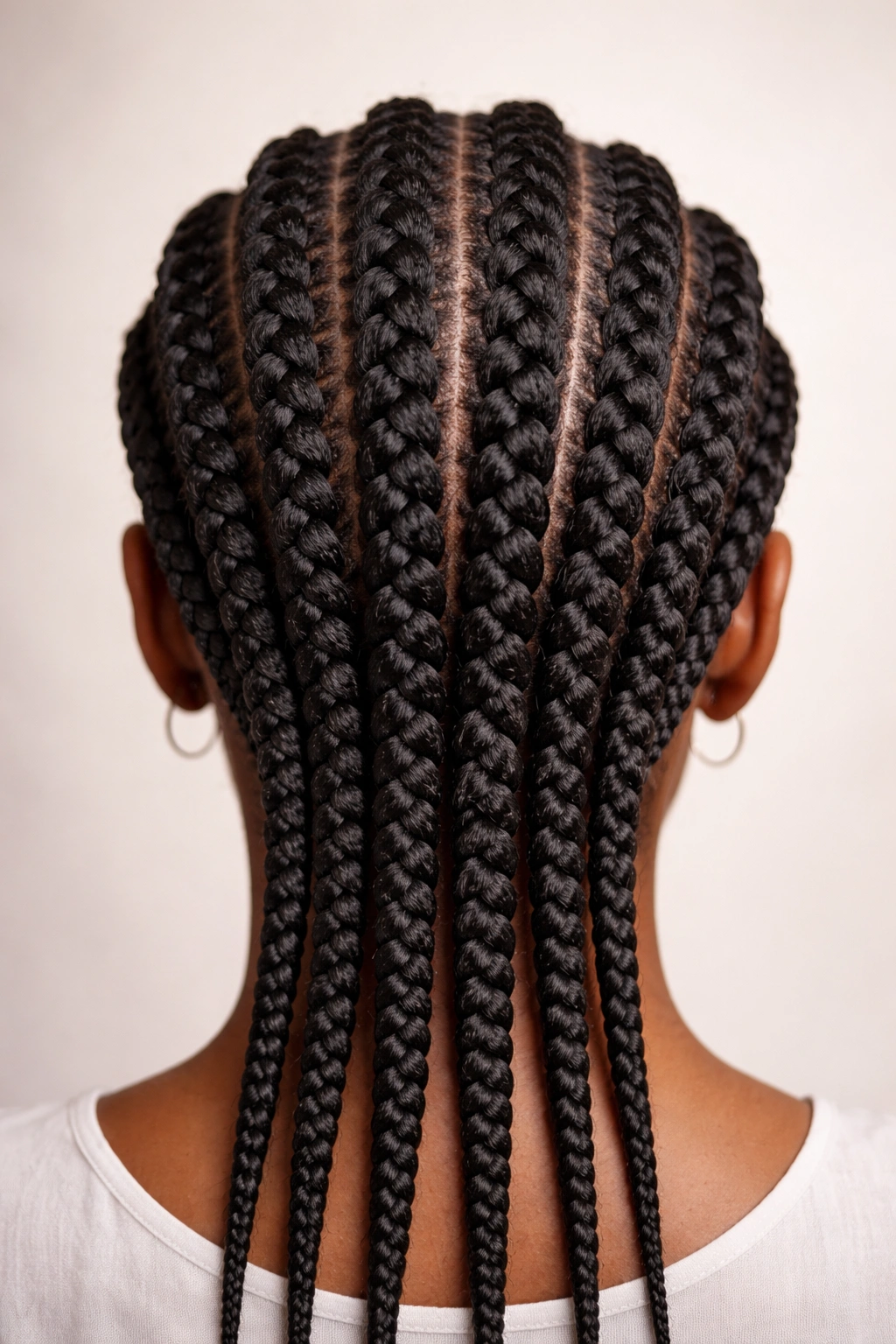 Close-up of classic straight-back cornrows on thick 4C hair with defined braids