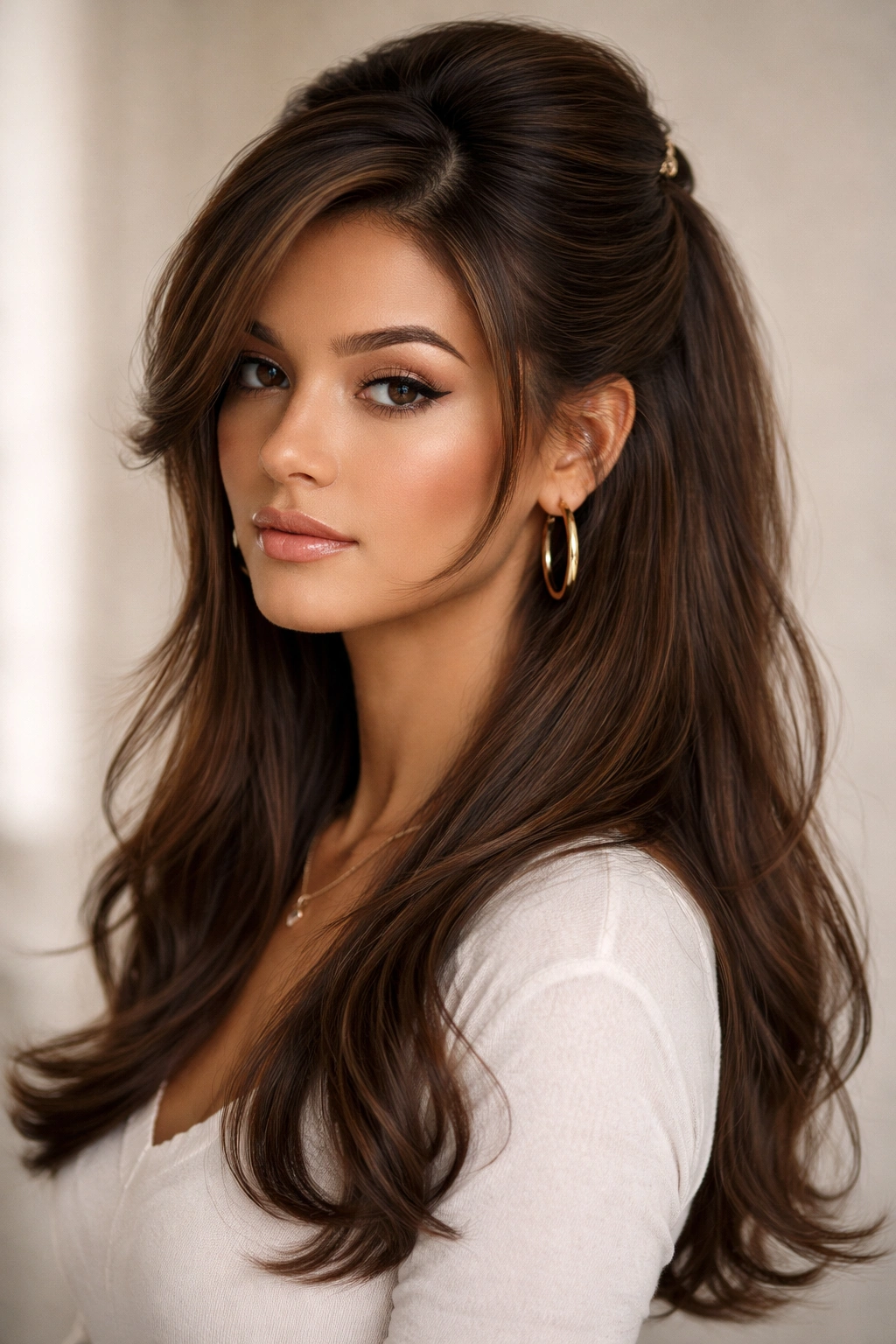 Close-up head-and-shoulders portrait of a classic 90s swoop that frames the face