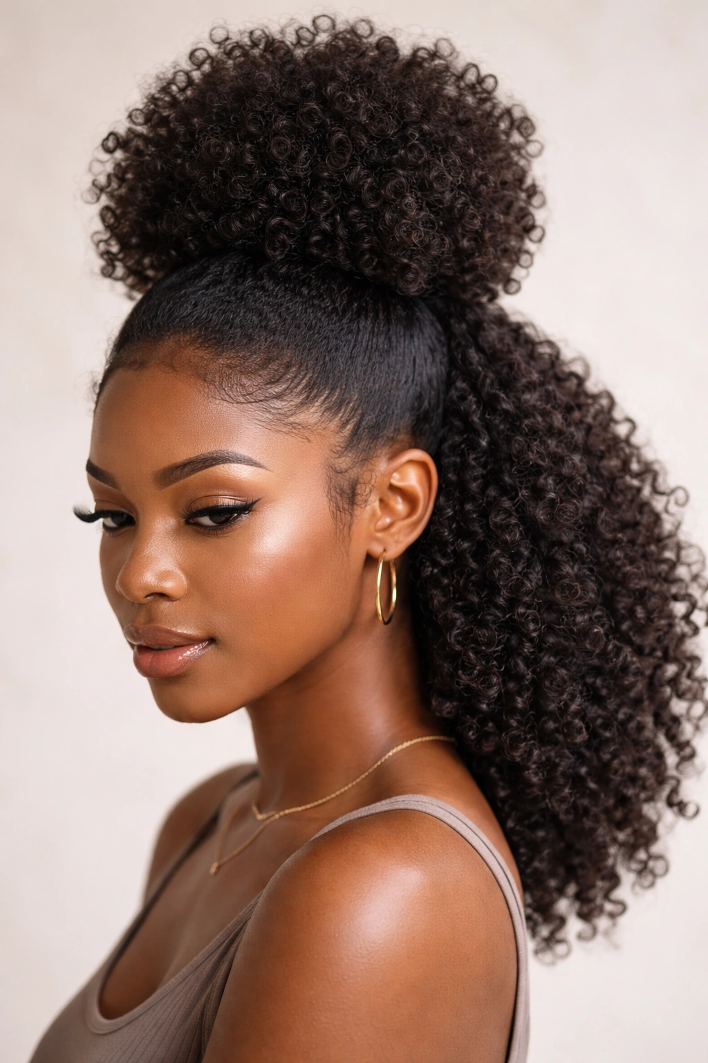 Crown puff with textured 4C curls gathered at the crown and loose hair around