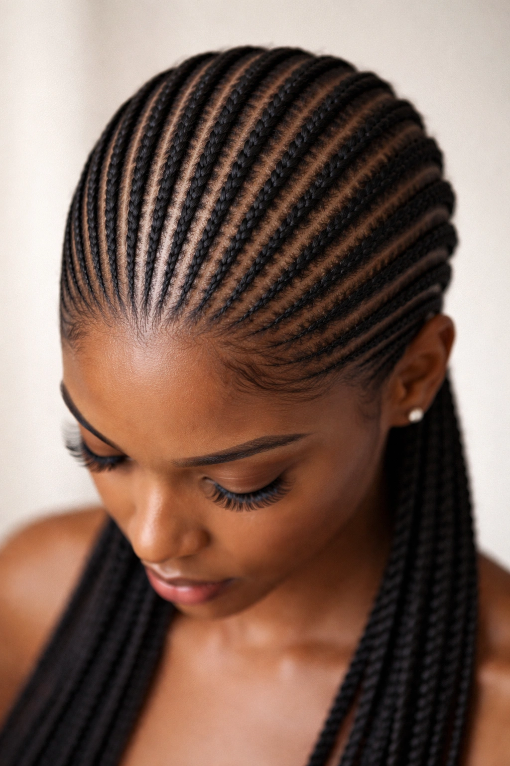 Close-up of a scalp with multiple thin straight-back cornrows from hairline to nape
