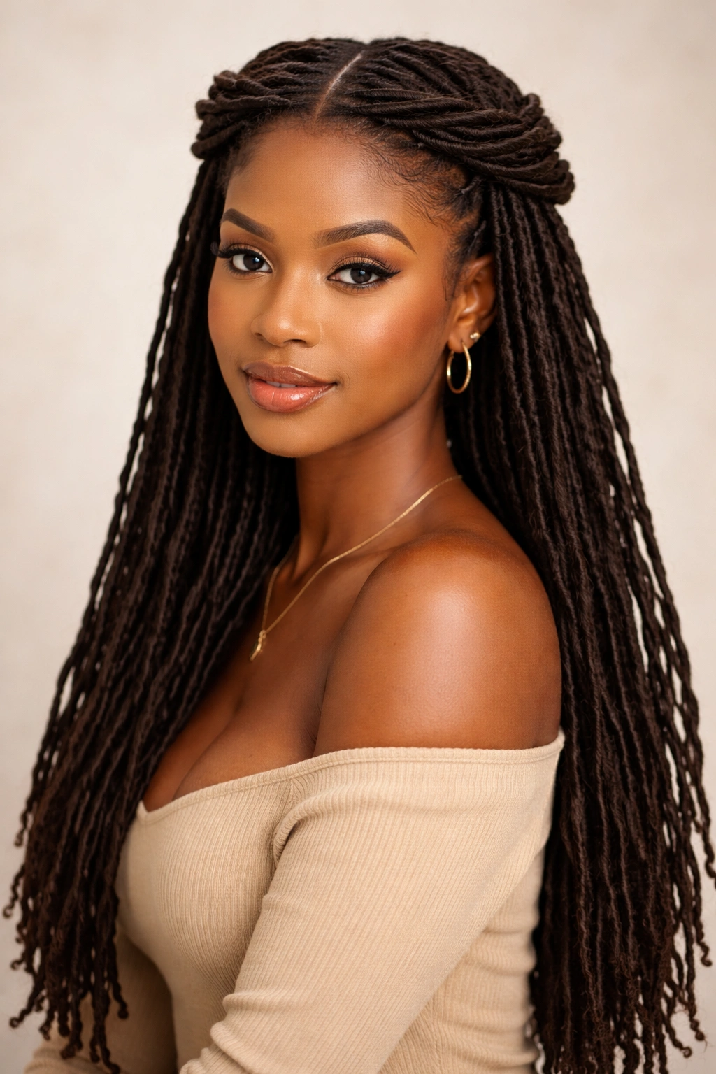 Close-up of a Black woman with a classic twisted crown, face-framing twists and long locs down the back