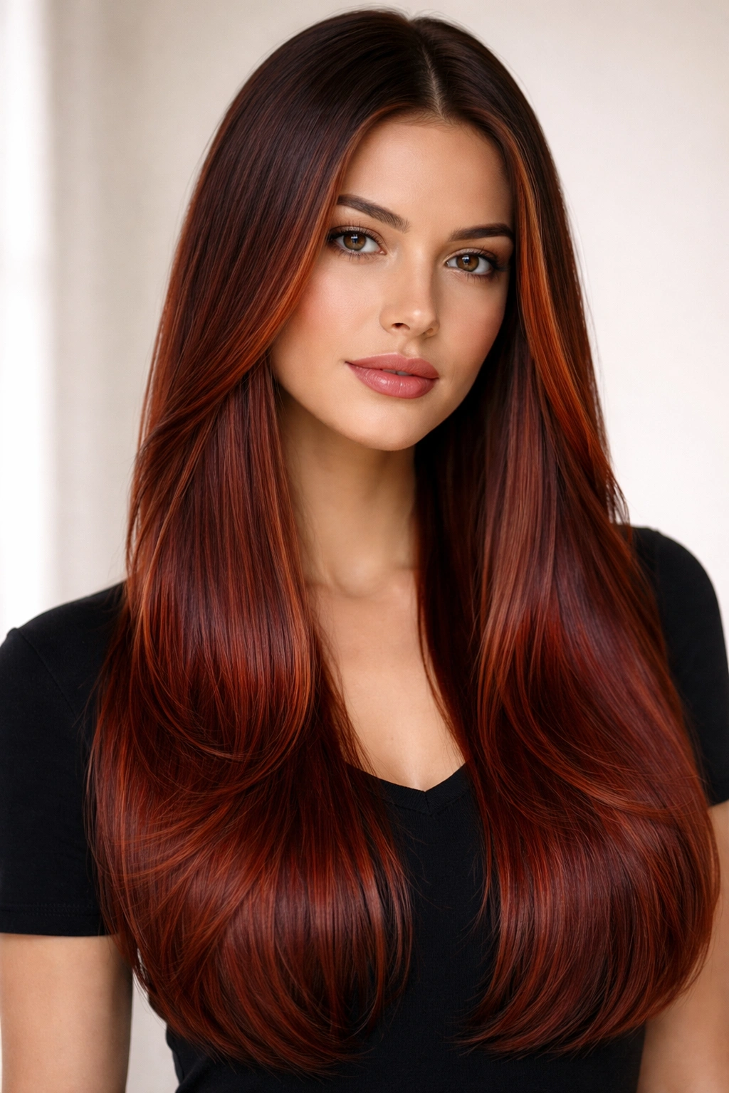 Straight hair with true warm red balayage and natural root
