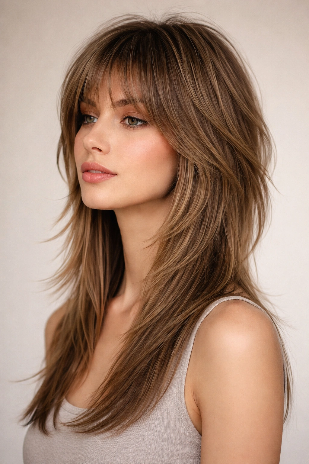 Close-up of straight hair with classic wolf cut showing voluminous crown and face-framing layers.