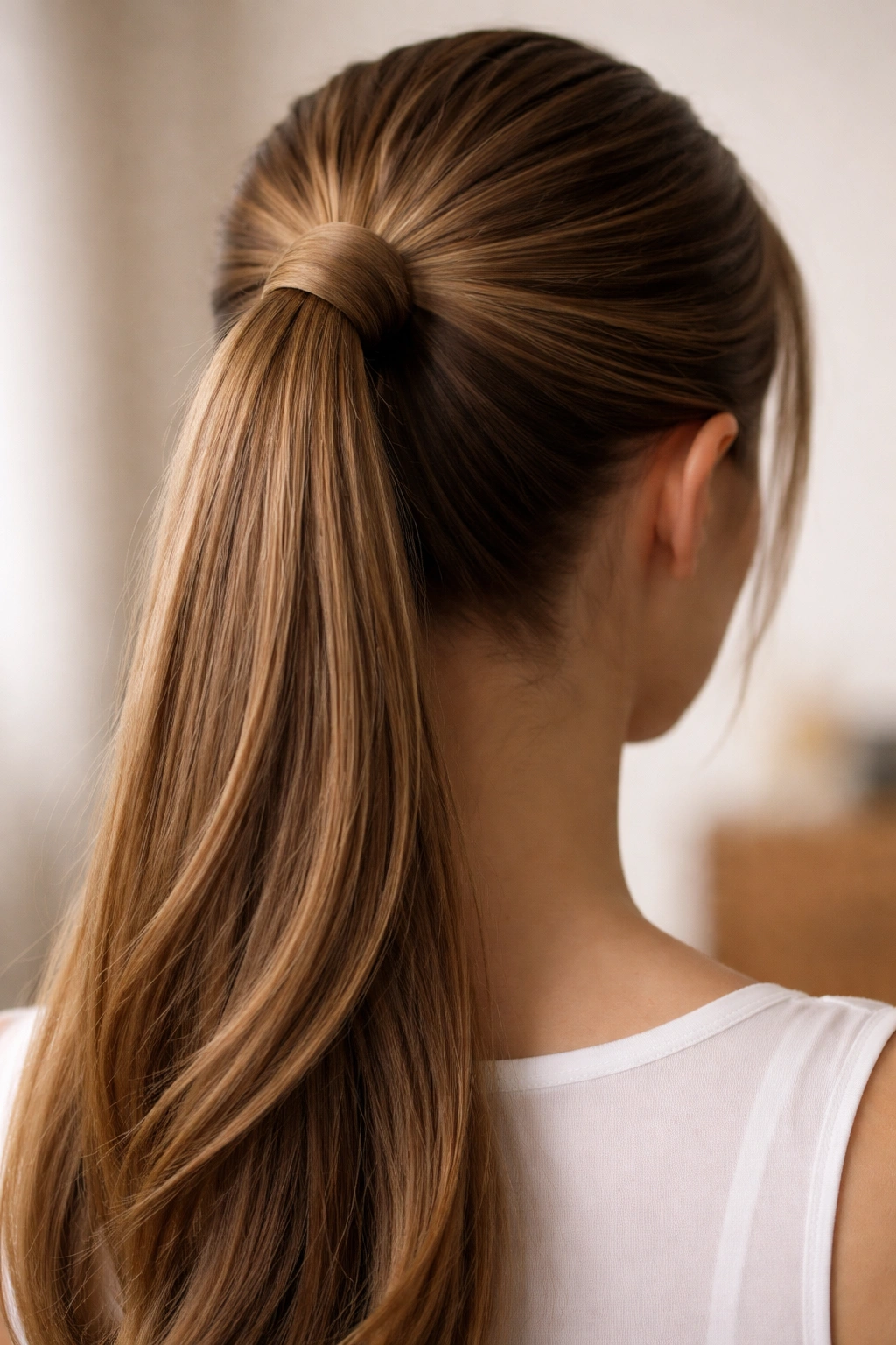 Close-up of a smooth high ponytail with a hair-colored wrap around the elastic