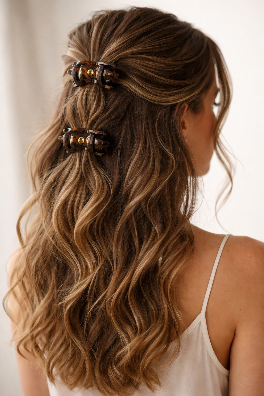 Close-up of two claw clips securing stacked crown and lower sections in wavy hair