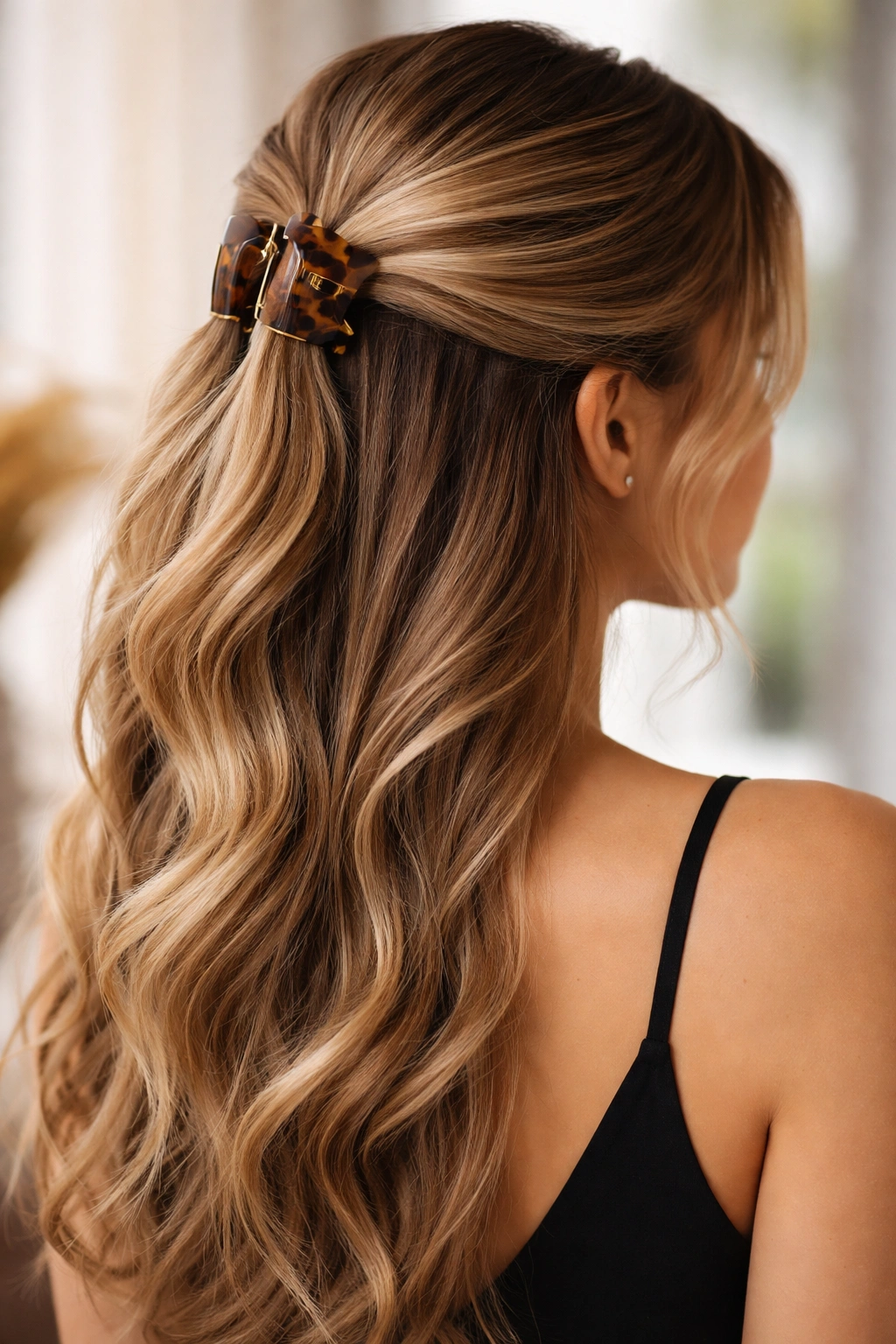 Half-up hairstyle secured with a claw clip accent