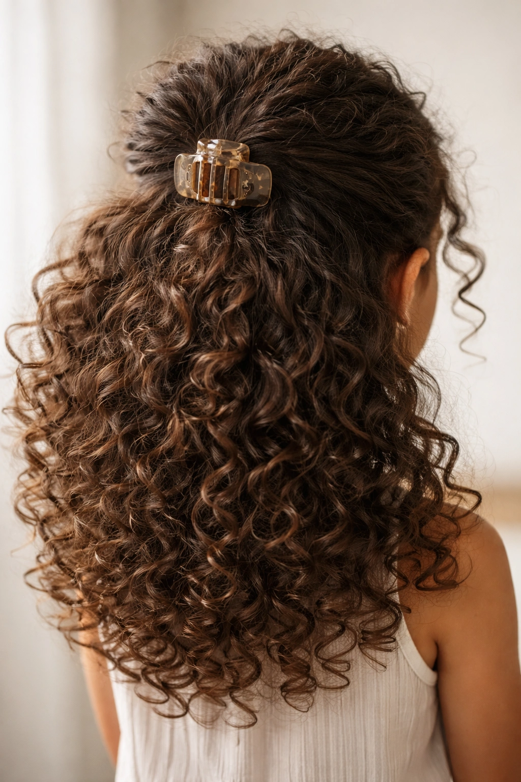 Close-up of claw clip half-up hairstyle with curls puffing out for volume.
