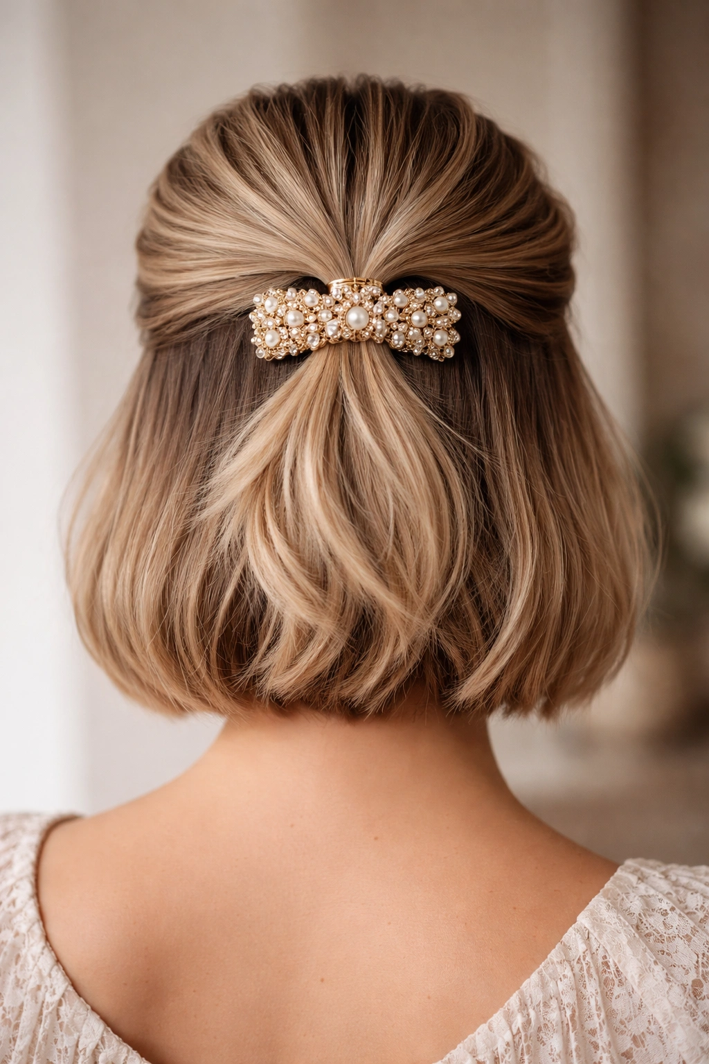 Short hair half up with decorative claw clip as a focal accessory