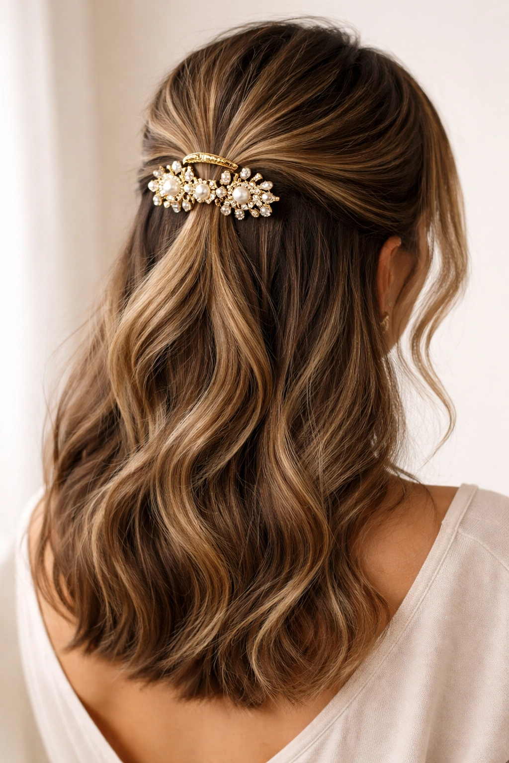 Half-up hairstyle secured with a large decorative claw clip at the crown