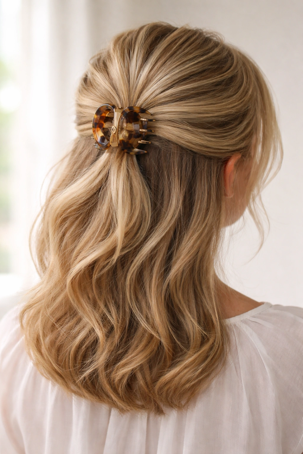 Back view of a voluminous half-up secured with a large claw clip
