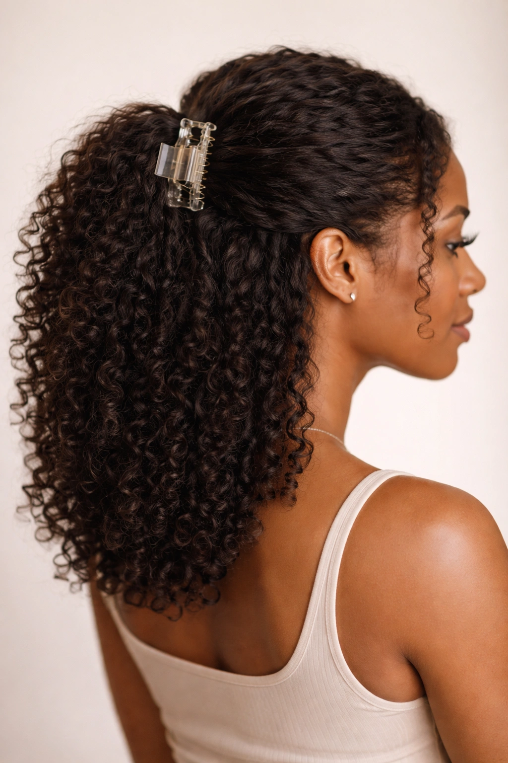 Half-up hairstyle secured with a claw clip at the back of the head.