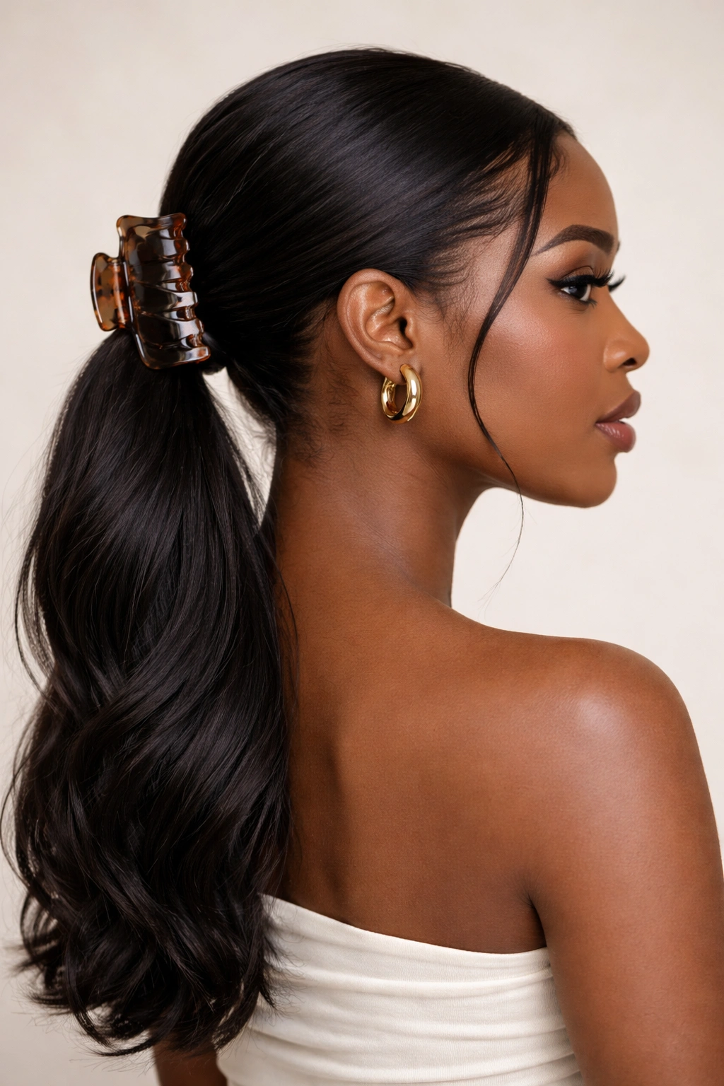 Low ponytail secured with a claw clip
