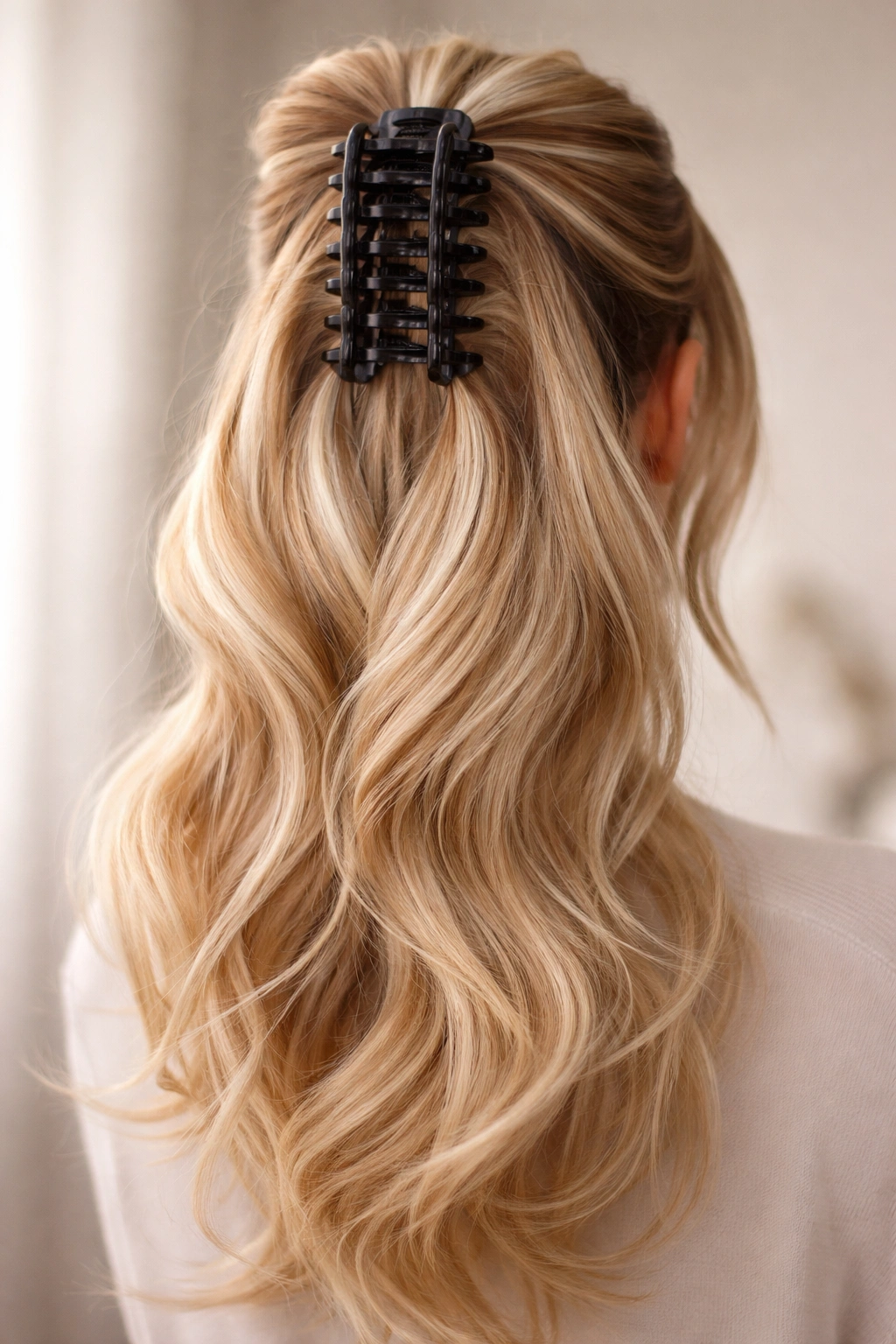 Close-up of claw clip ponytail extension gripping hair