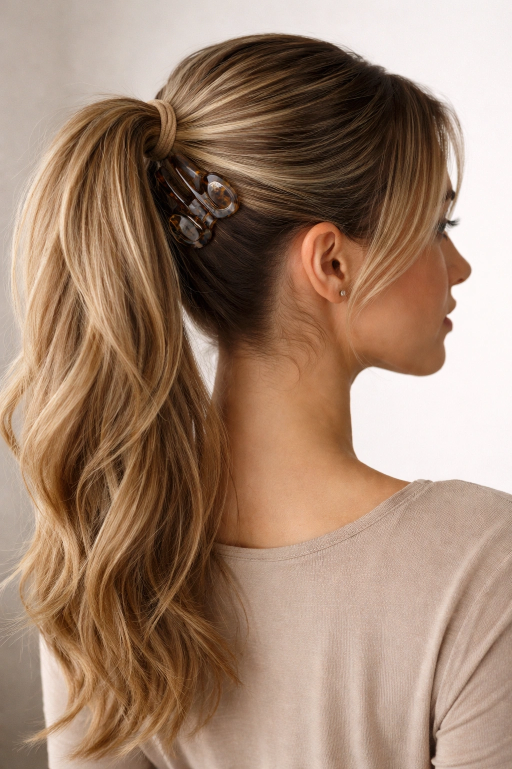 High side ponytail reinforced with a claw clip beneath the elastic