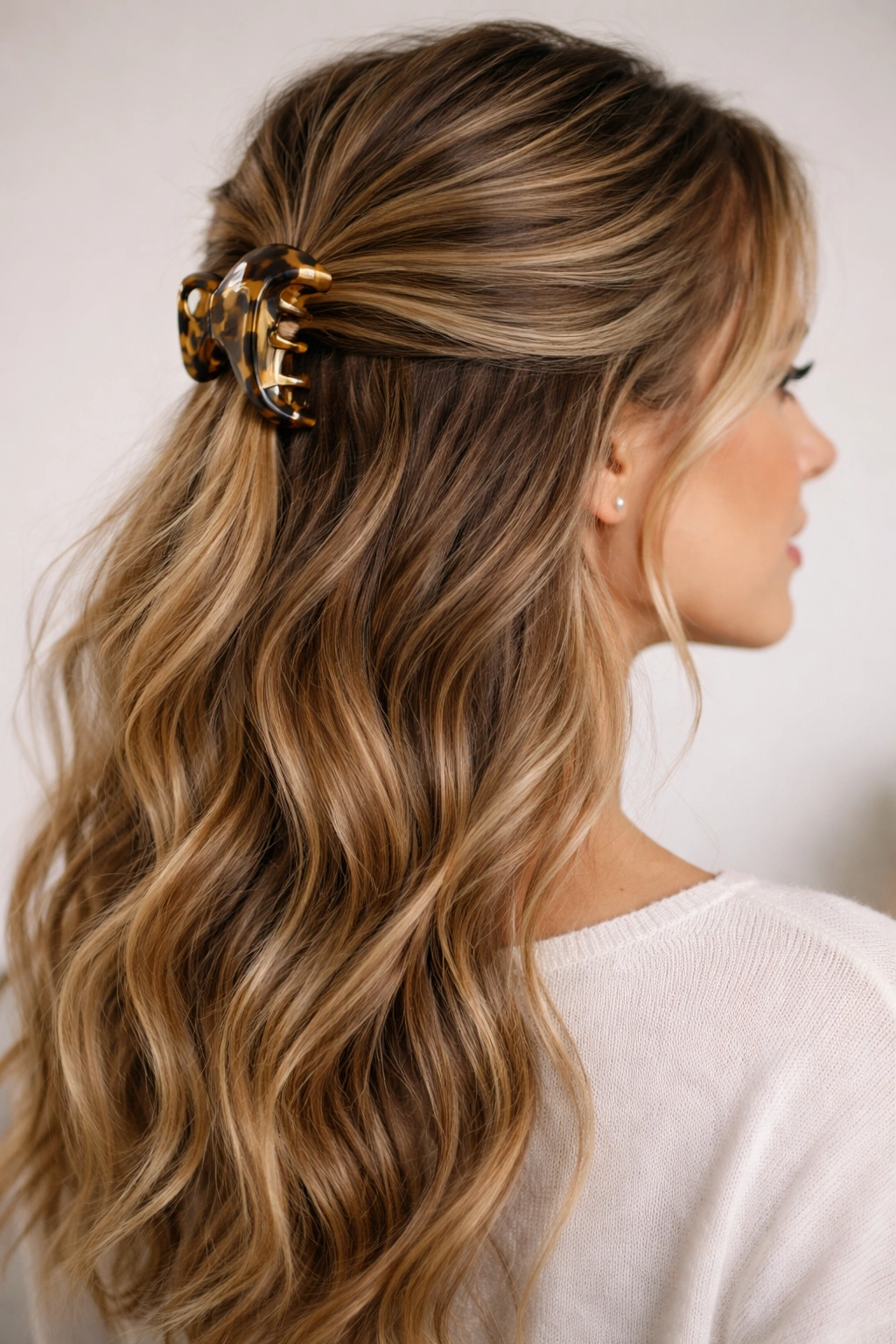 Half-up hairstyle secured with a decorative claw clip