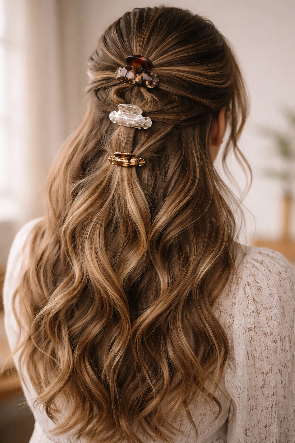 Back crown with multiple claw clips gripping different hair sections