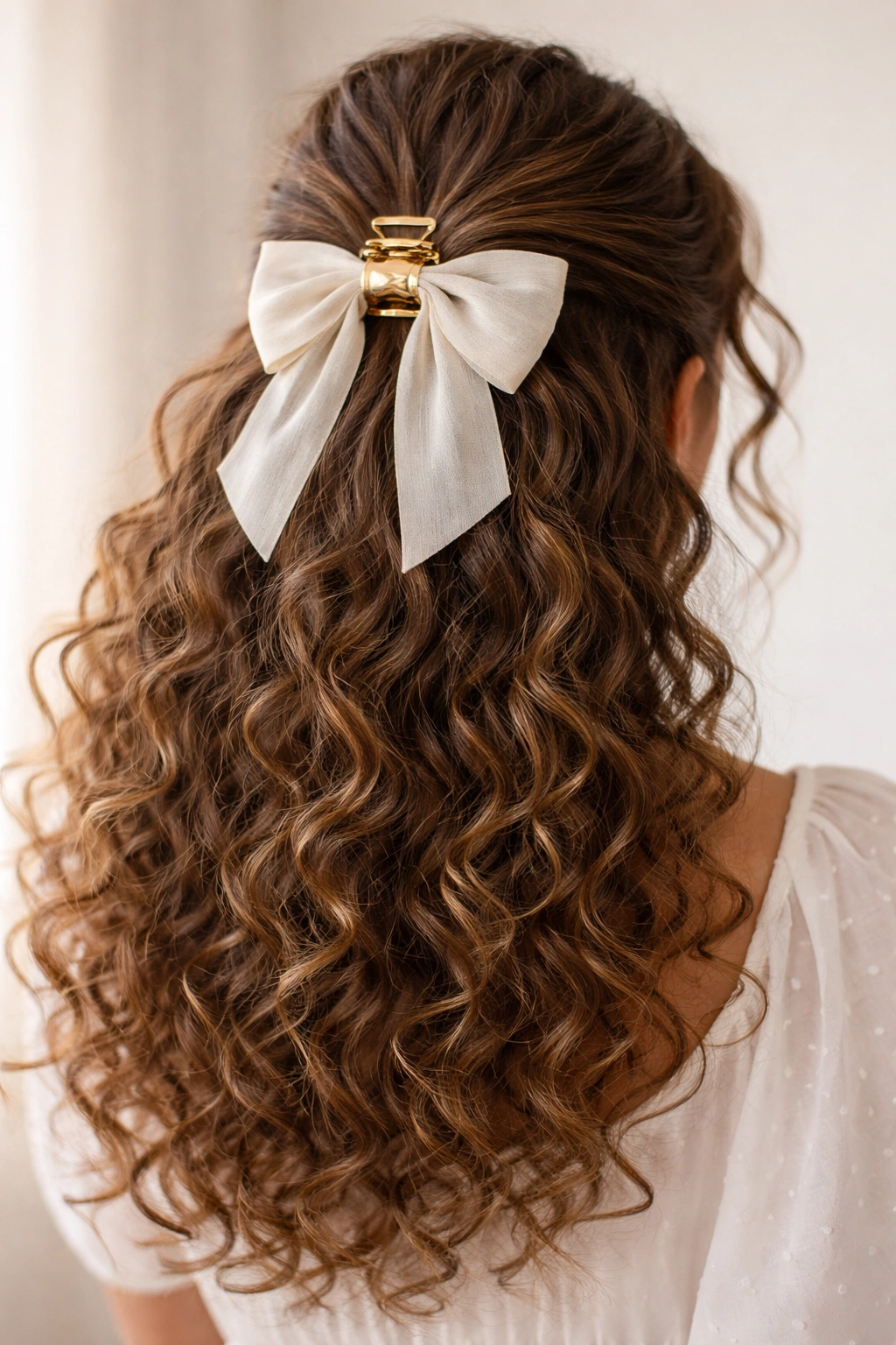 Close-up of half-up half-down with claw clip and bow on curly hair