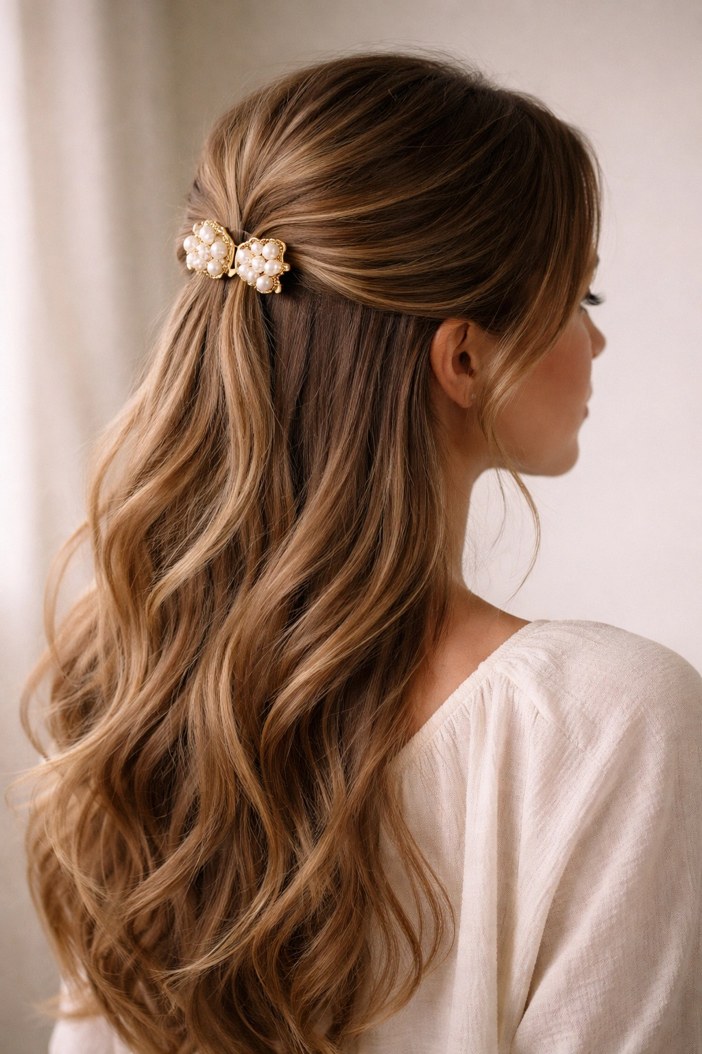 Close-up of The Clip Half Up Style with a decorative clip securing the crown and loose wavy hair