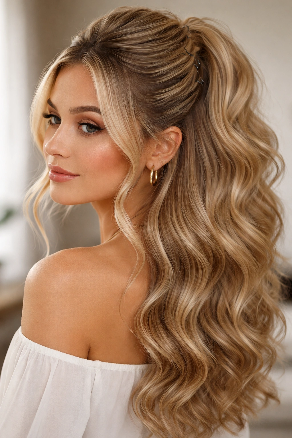 Half up hairstyle with clip-in extensions adding fullness to the crown