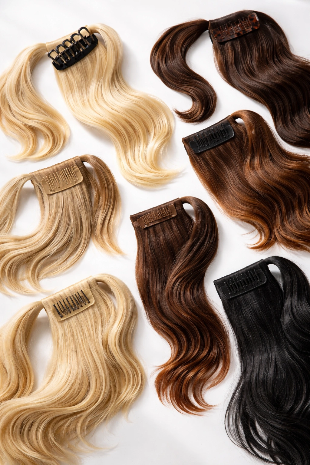 Flat lay of clip-in ponytails with various attachment types on a clean background