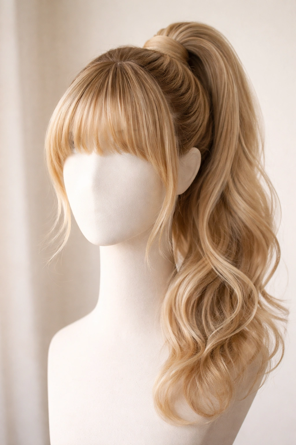 Clip-in ponytail with bangs attachment on a head form