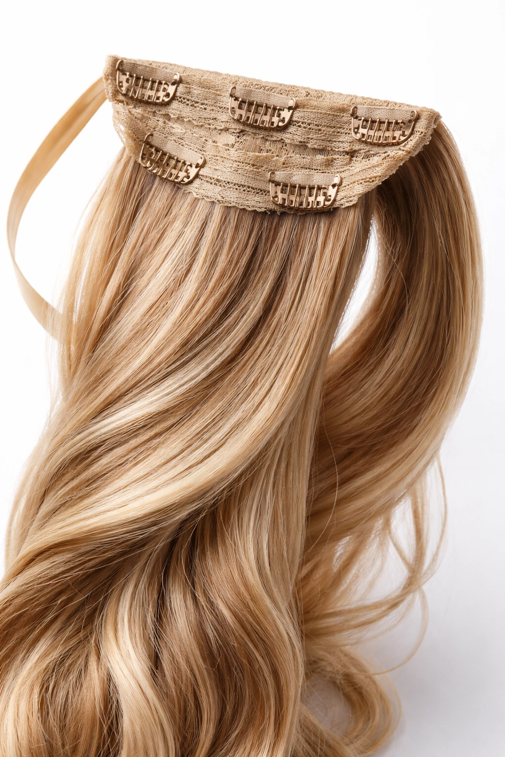 Close-up of a clip-in ponytail extension with visible clips on its base against a white background
