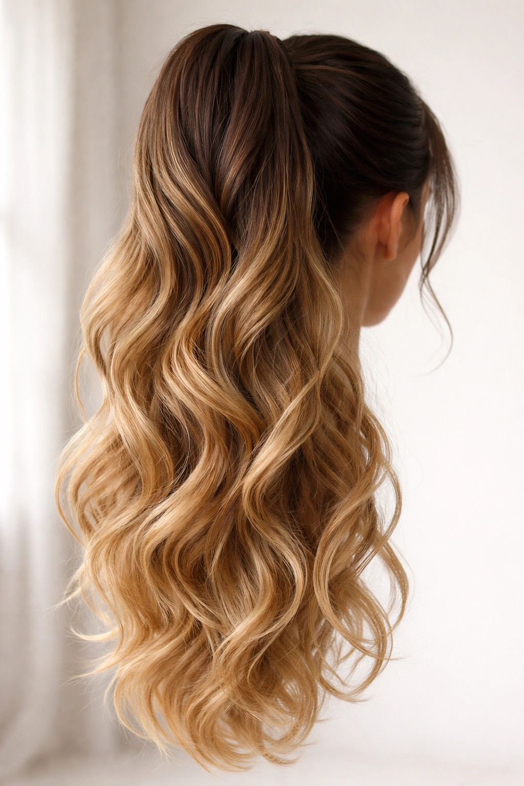 Wavy ombre clip-in ponytail with dark roots fading to honey blonde on a mannequin head