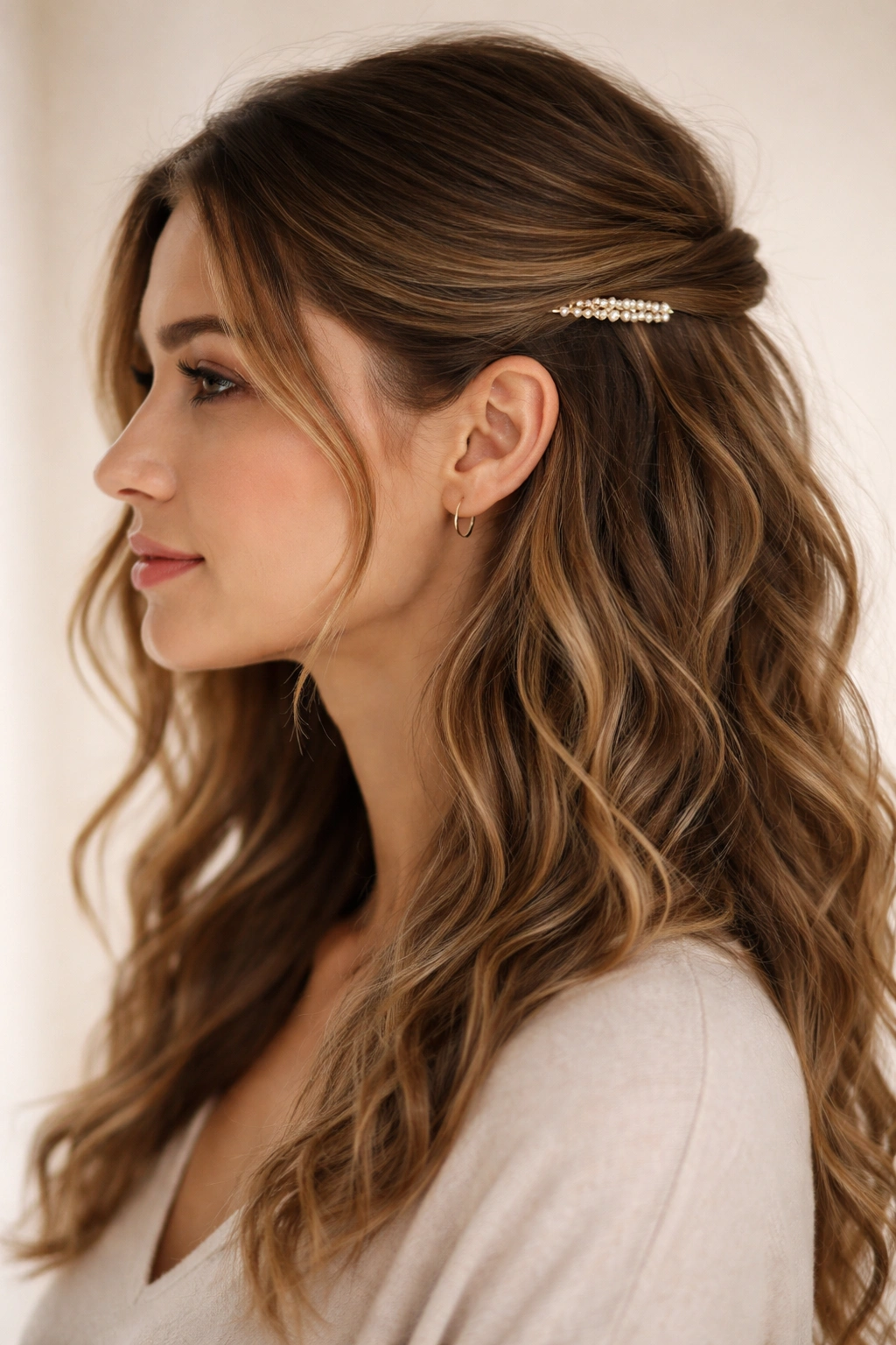 Side view of a minimalist clip-and-pin hairstyle with a single clip