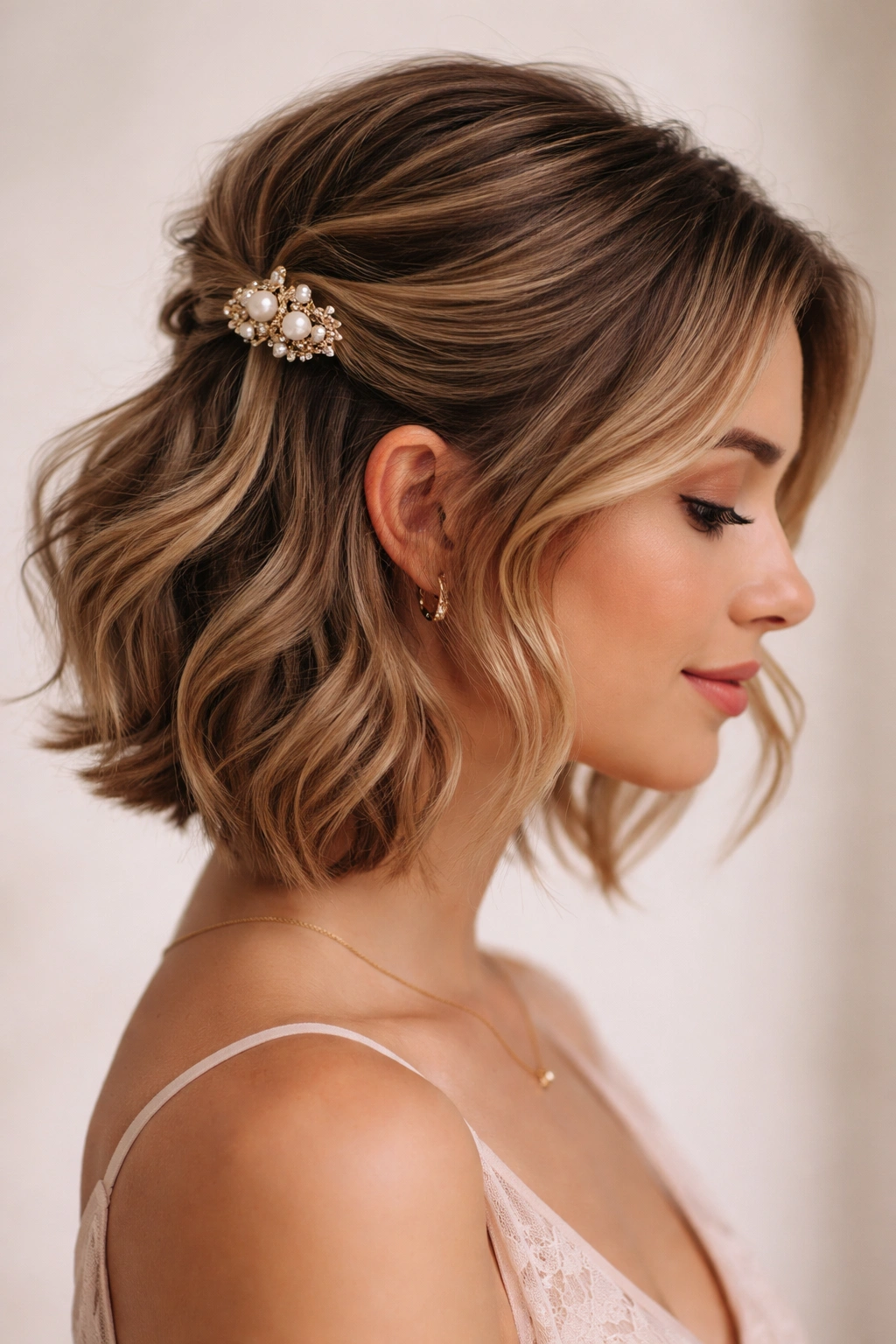 Asymmetrical swoop of waves framed by a decorative clip