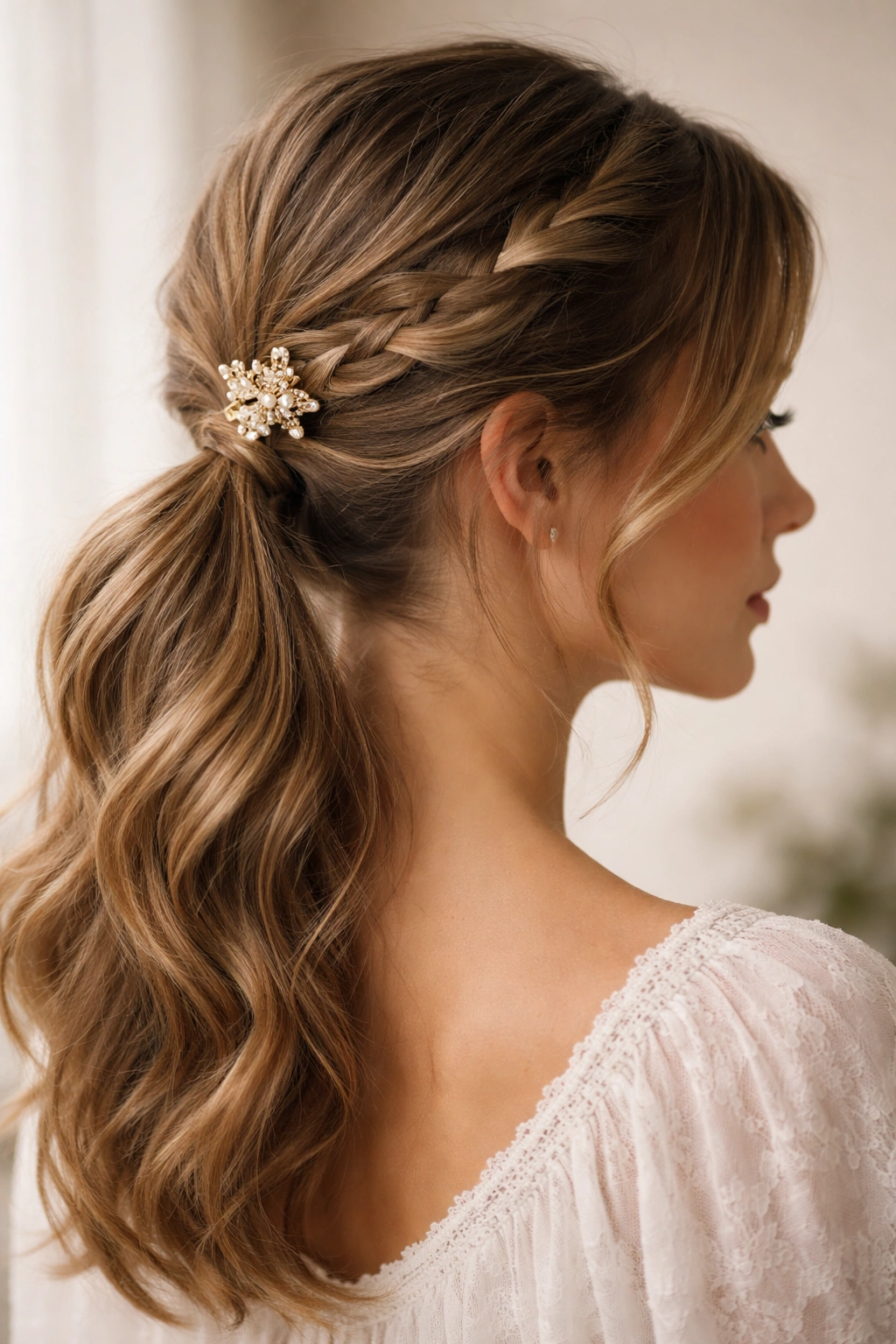 Close-up of a crown braid forming a ponytail with a decorative clip at the junction