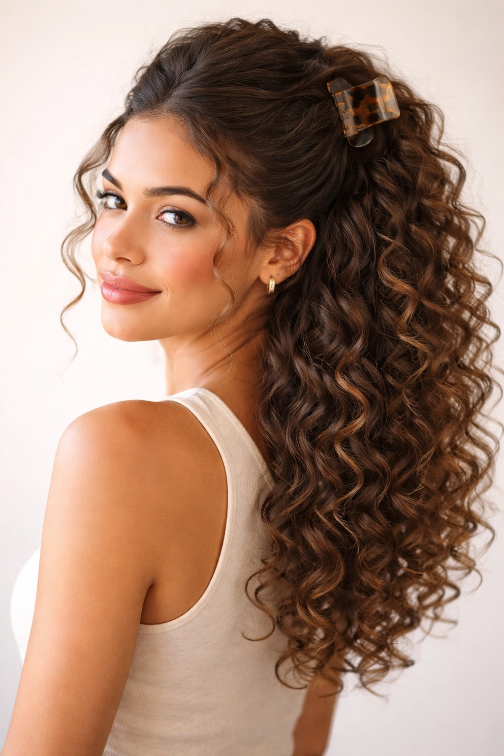 Clipped crown half-up hairstyle with a claw clip and curly curls.
