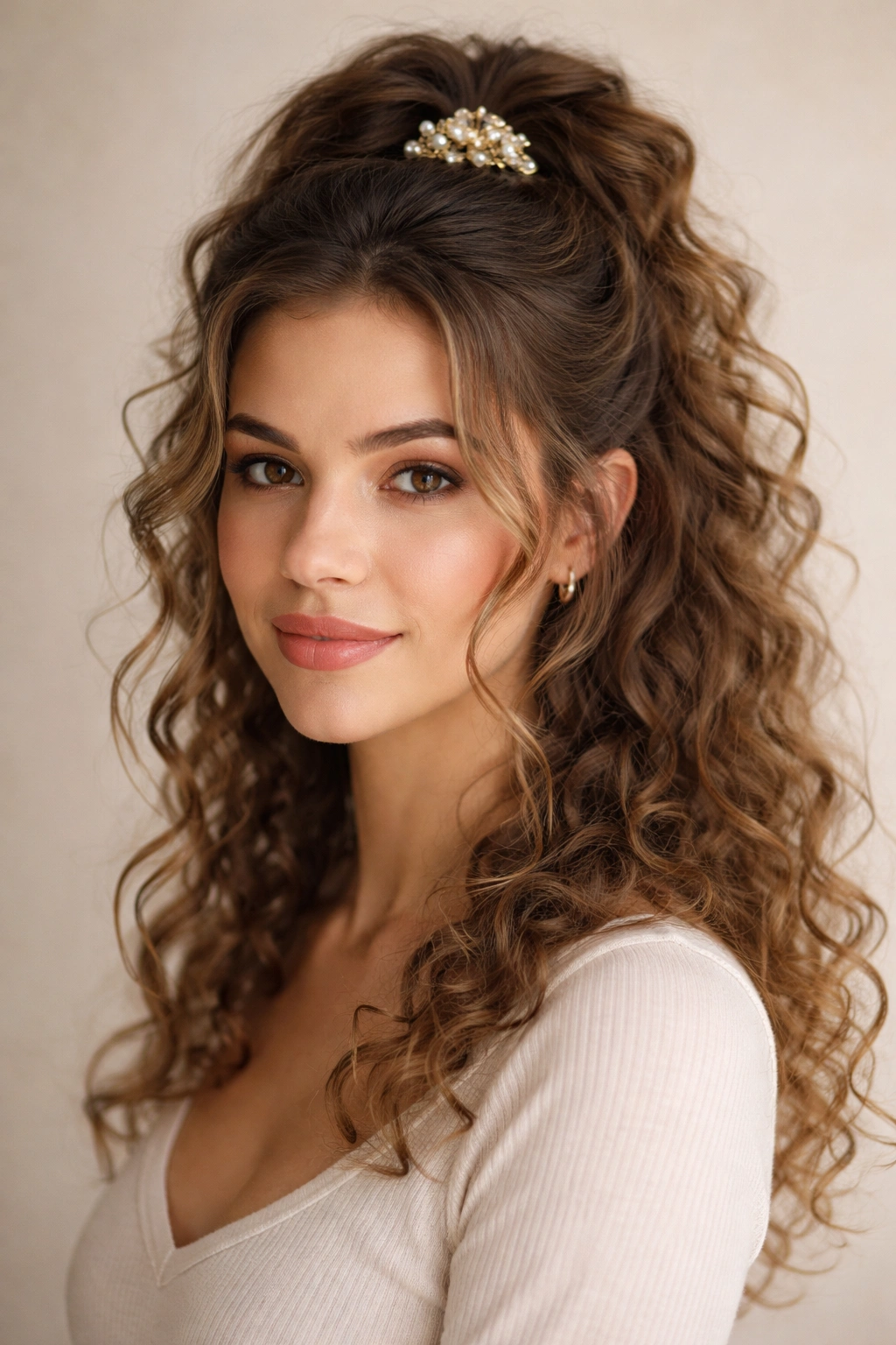 Clipped half up hairstyle with a decorative clip and wispy tendrils around the face.