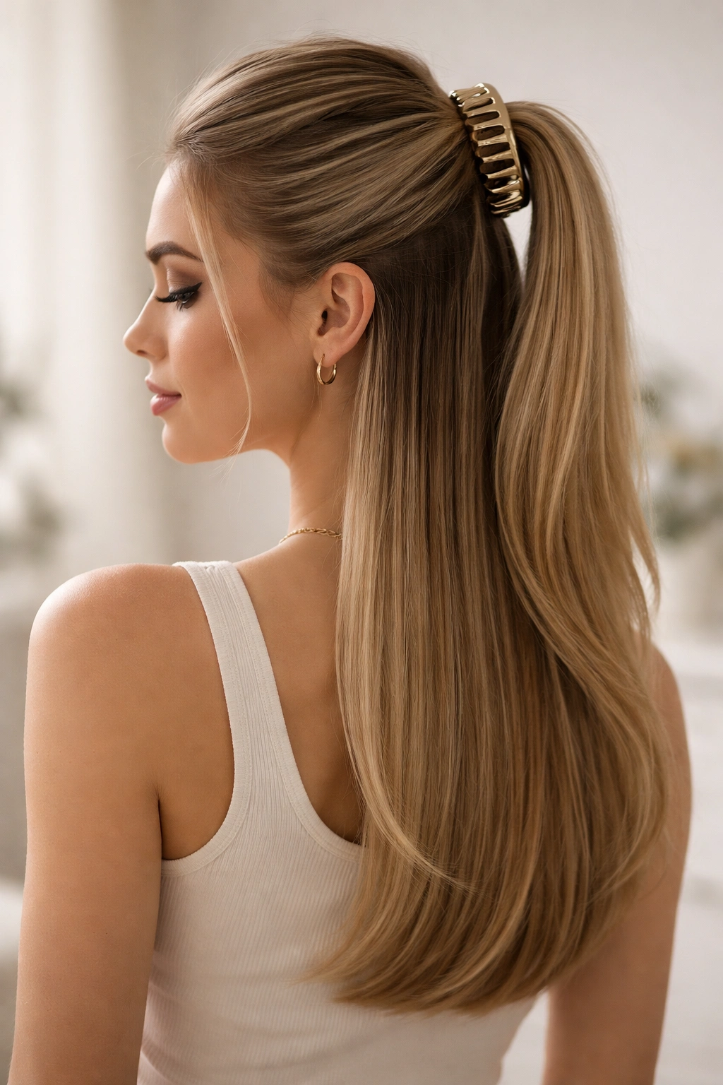 High clipped ponytail hybrid hairstyle with lengths flowing down