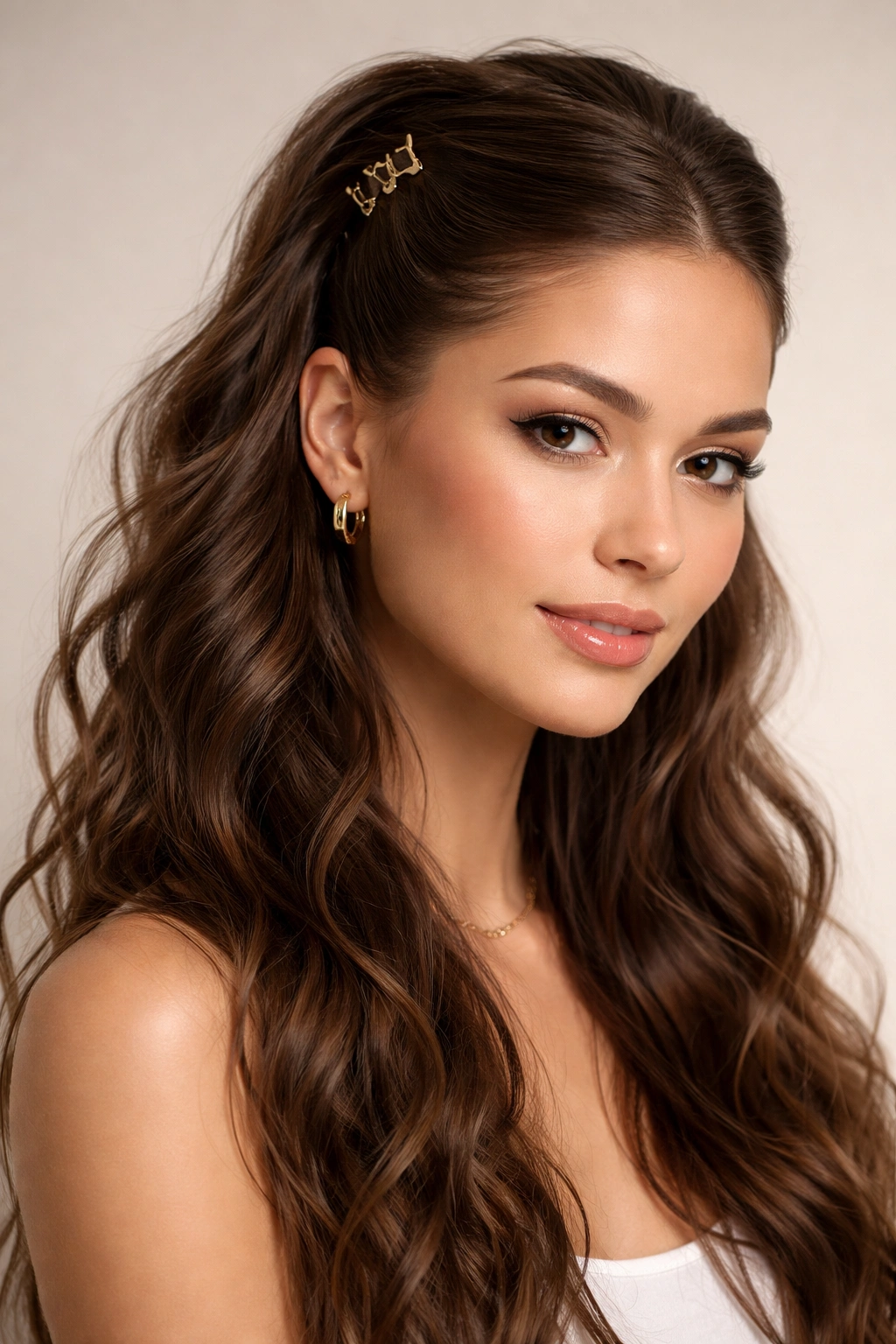 Close-up of a slicked-back half-up secured with two clips on either side