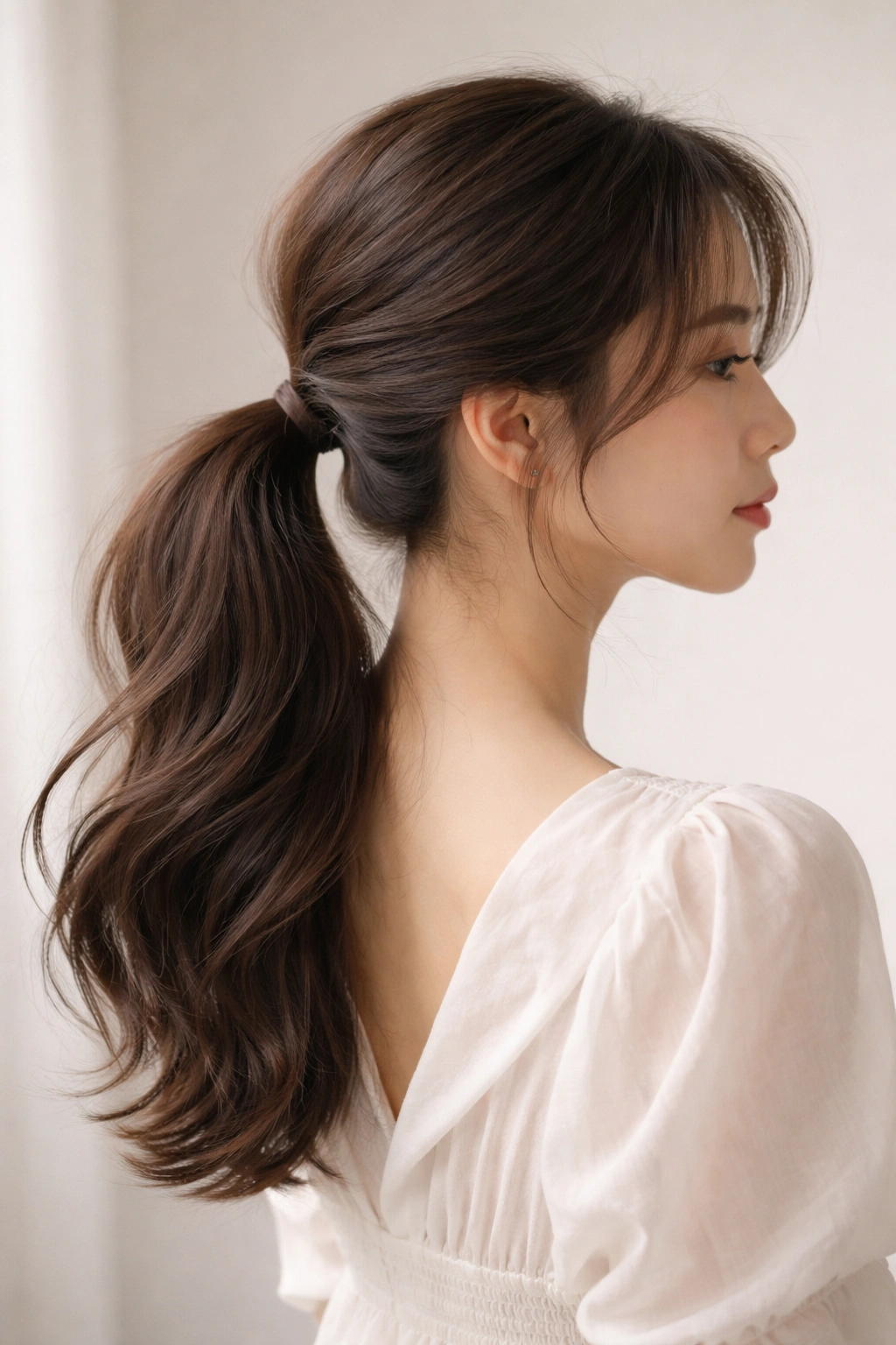 Side view of a soft, cloud-like low ponytail with crown volume