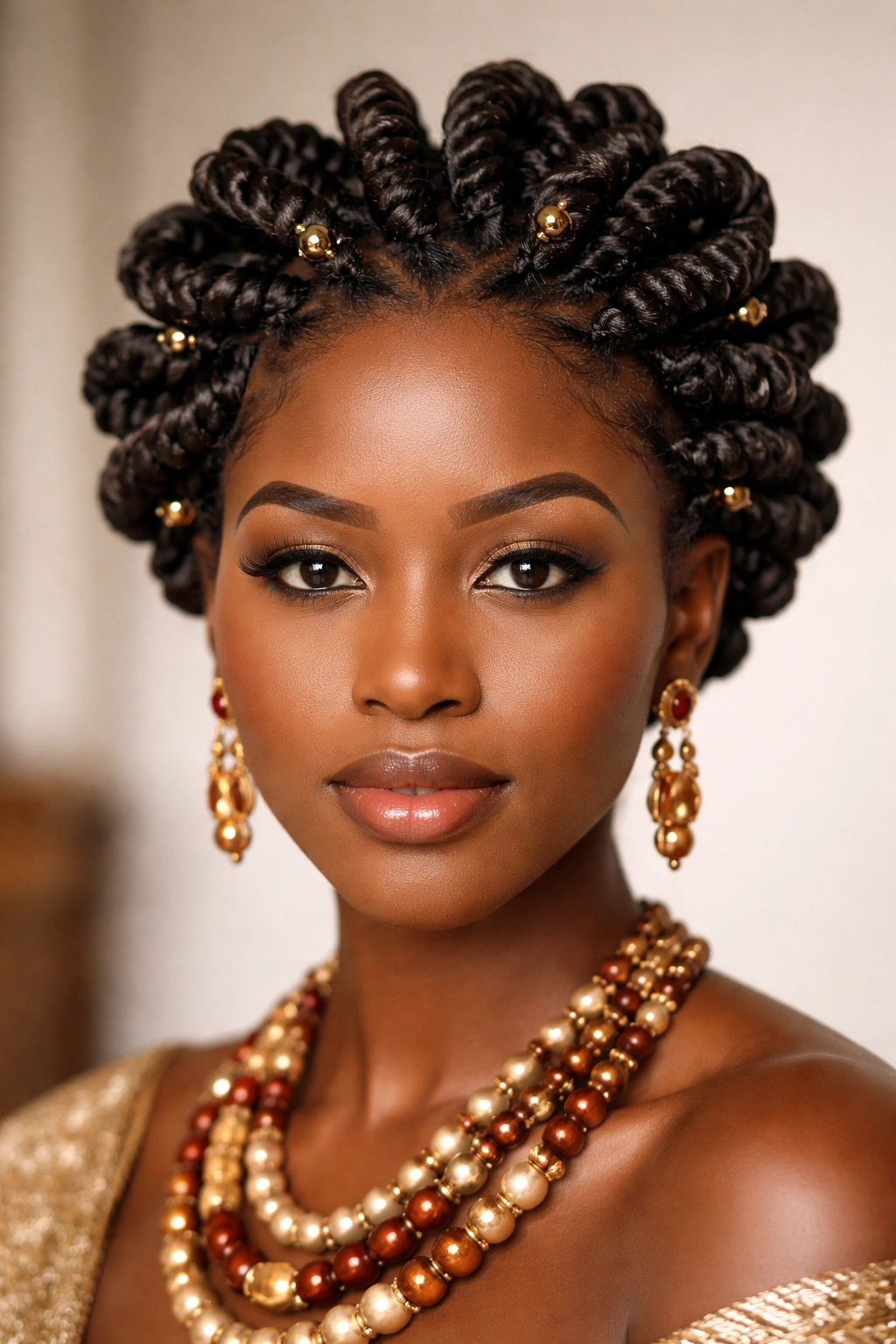 Close-up of clustered twists forming sculptural patterns on short hair