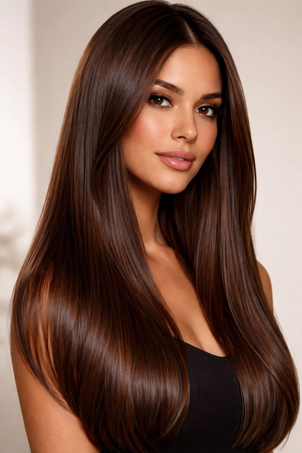 Cocoa brown straight hair with rich chocolate tones.