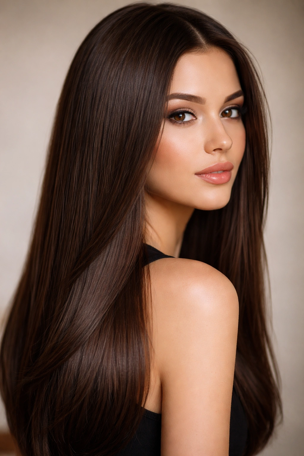 Close-up of straight hair in Coffee Bean Brown with deep warm undertones