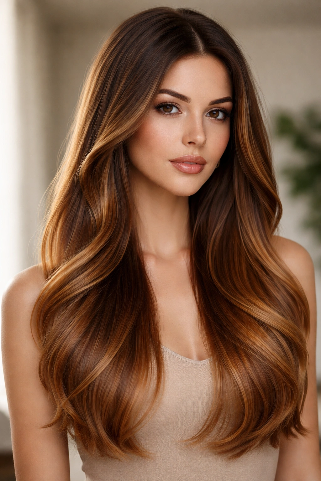Straight hair with cognac roots fading into honey and copper ends in a seamless balayage.