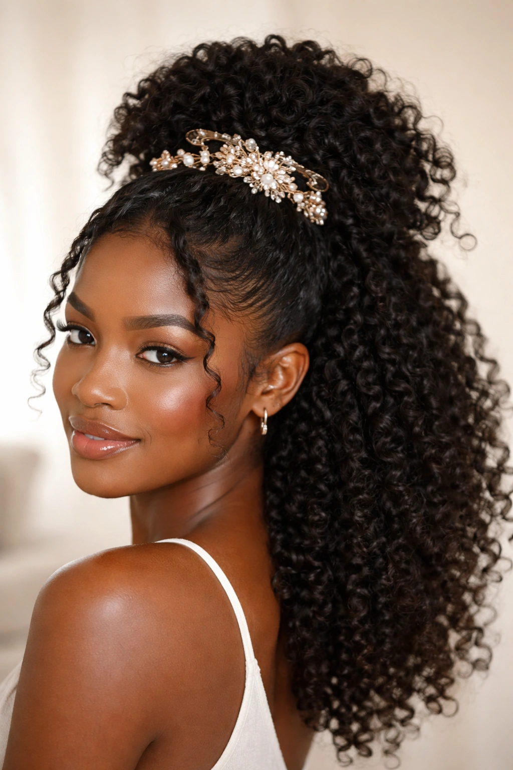 Crown of natural coils in a half-up style secured with beaded floral claw clip