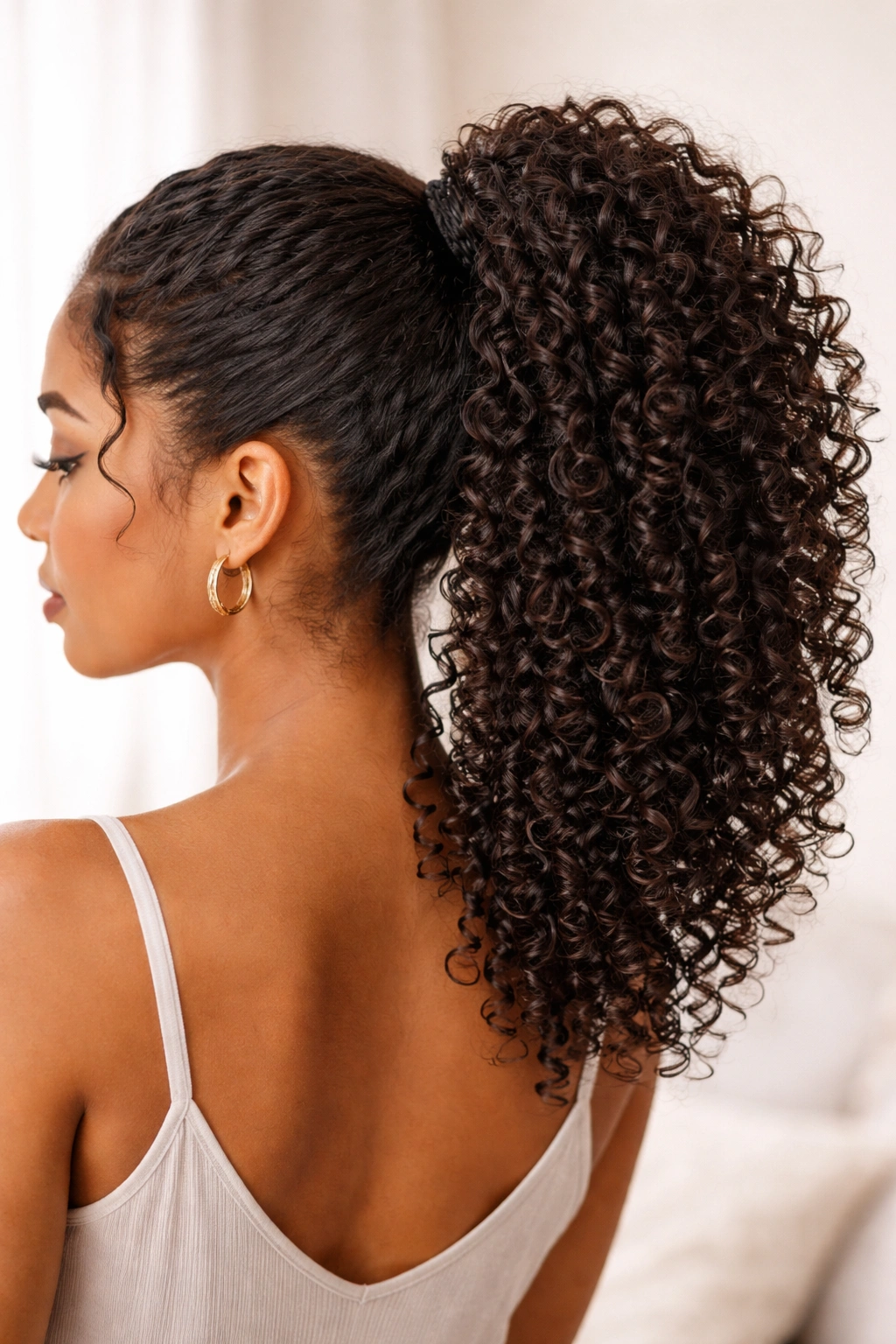 Close-up of coil-defined drawstring ponytail with separated coils