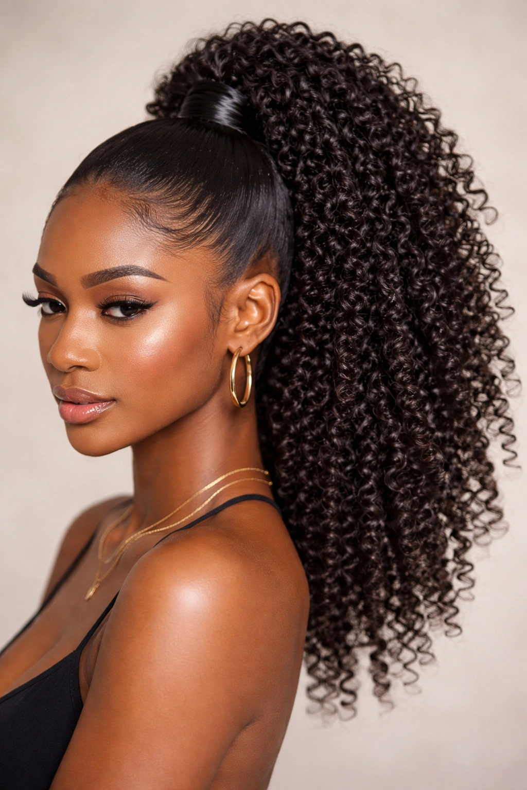 Close-up of a high ponytail with defined, glossy coils