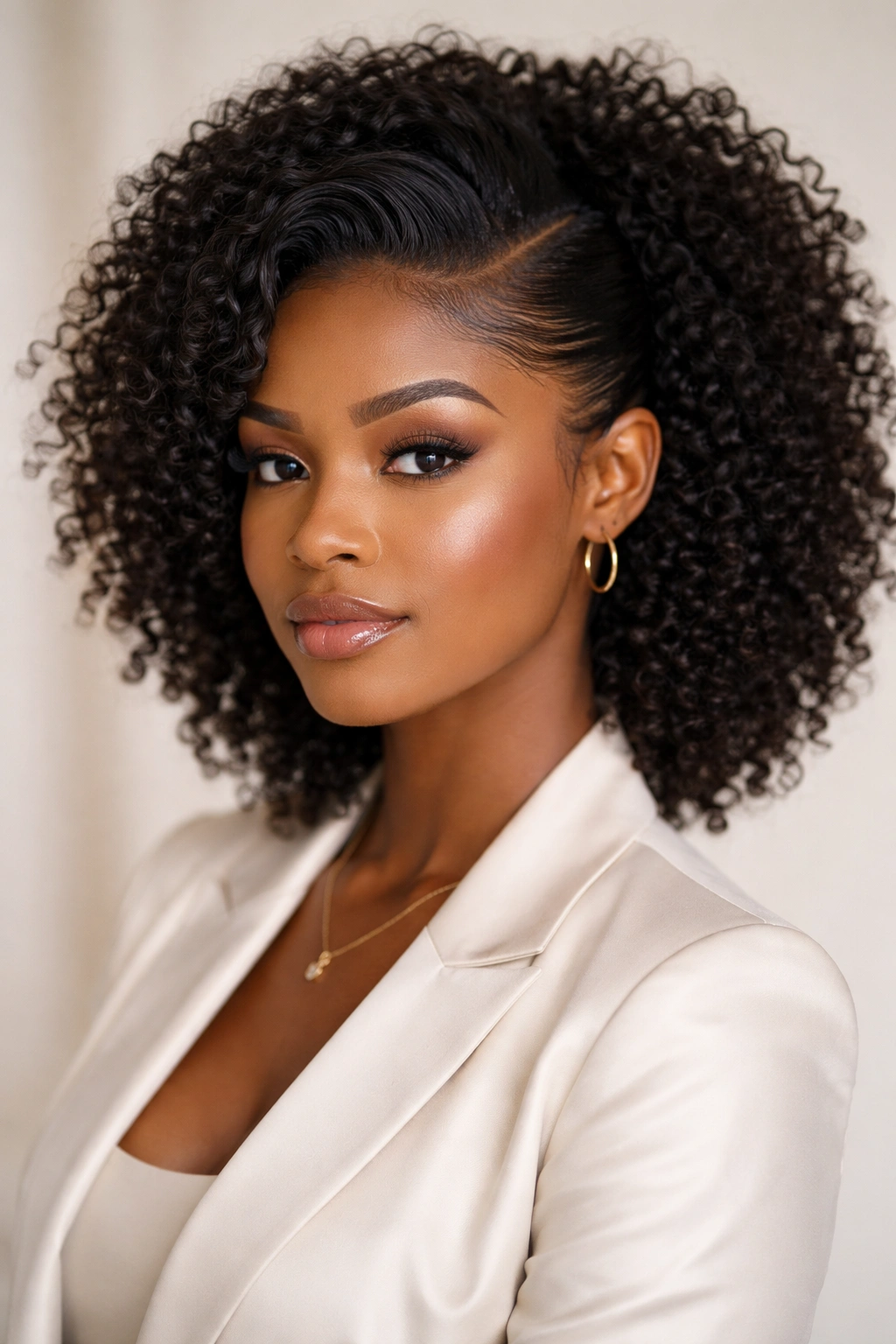 Smooth swoop along hairline with defined coils and textured rest of hair
