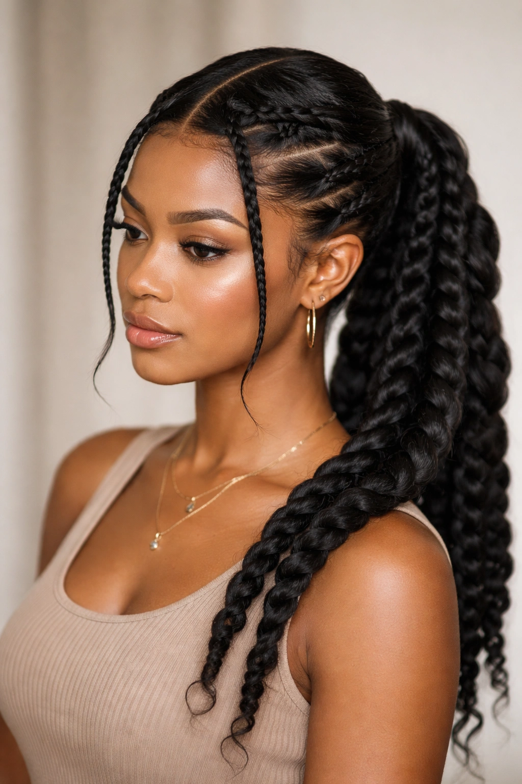 Ponytail featuring multiple coil twists along crown and tail